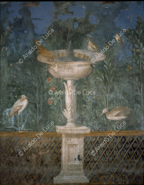 Maison de Vénus au coquillage. Fresque de la Vénus au coquillage. Détail avec fontaine
