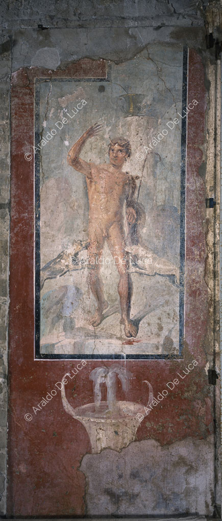 Casa de Loreius Tiburtinus u Octavius Quartius. Oecus con frescos de estilo IV. Detalle con Actaeon