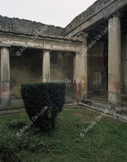 Silbernes Hochzeitshaus. Peristyl. Detail von Säulengang und Garten