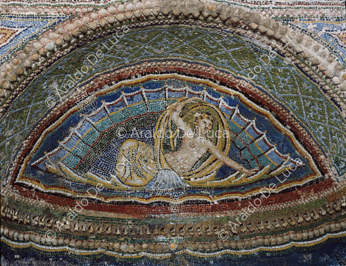 Casa del Oso Herido. Tablino. Fuente de mosaico. Detalle con Venus en una concha
