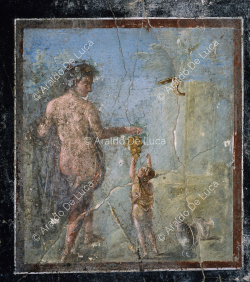 Maison de Fabius Rufus. Cubicule avec des fresques dans le style IV. Détail avec Dionysos, Vénus et Hélios