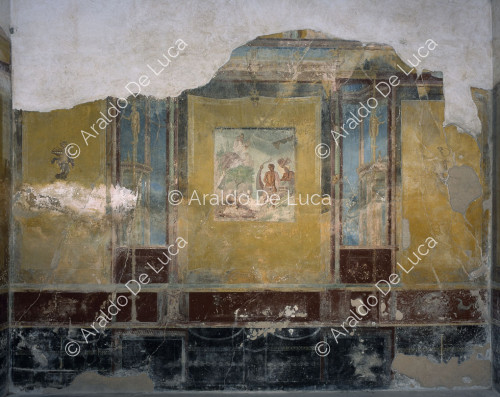 Haus des tragischen Dichters. Oecus mit Fresken im Stil der IV. Detail der Wand