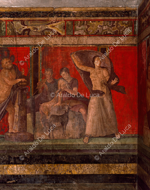Villa des Mystères. Scène III, scène pastorale avec Silène jouant de la lyre, une panisca allaitant un chevreau et un satyre jouant de la syrinx.