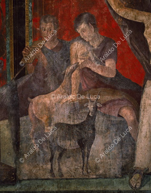 Villa des Mystères. Scène III, scène pastorale avec Silène jouant de la lyre, une panisca allaitant un chevreau et un satyre jouant de la syrinx.