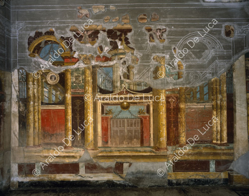 Villa von Oplonti. Triclinium. Fresko an der zentralen Wand.