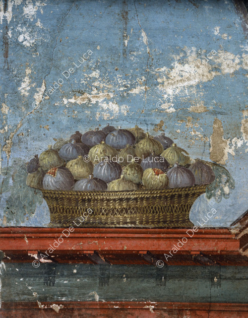 Villa d'Oplonti, cubicule. Fresque murale centrale. Détail avec corbeille de fruits