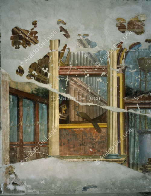 Villa of Oplonti. Salon. Central wall fresco. Detail with peacock