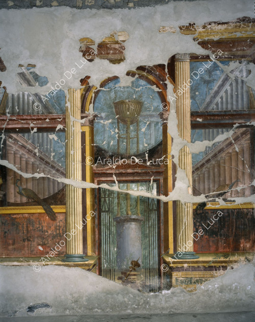 Villa of Oplonti. Salon. Central wall fresco. Detail with tripod
