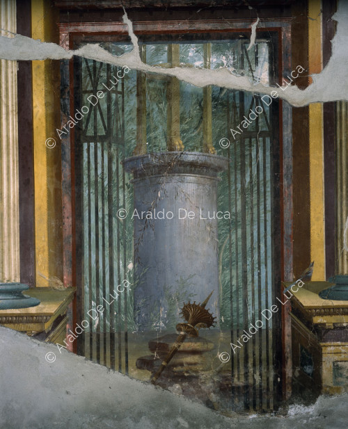 Villa of Oplonti. Salon. Central wall fresco. Detail with tripod and torch