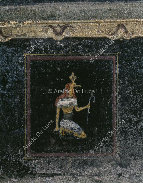 Villa of the Mysteries.Tablino. Fresco. Detail with the goddess Anubis