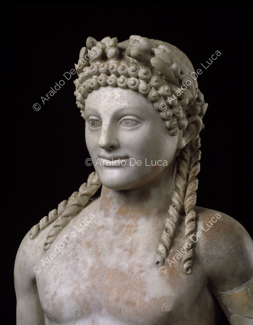 Statua in marmo di Apollo. Particolare del busto