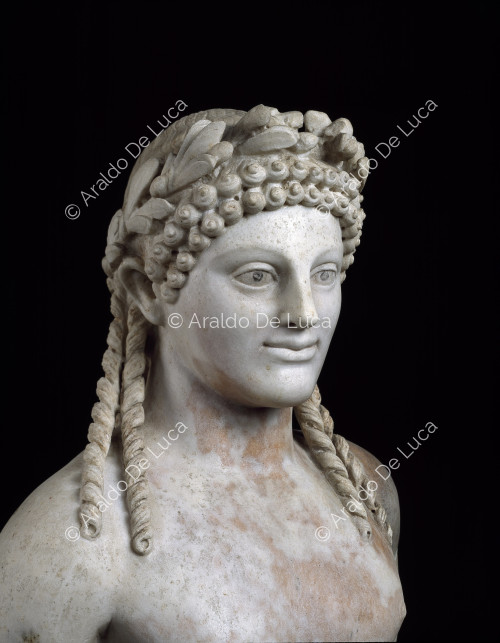 Statua in marmo di Apollo. Particolare del busto