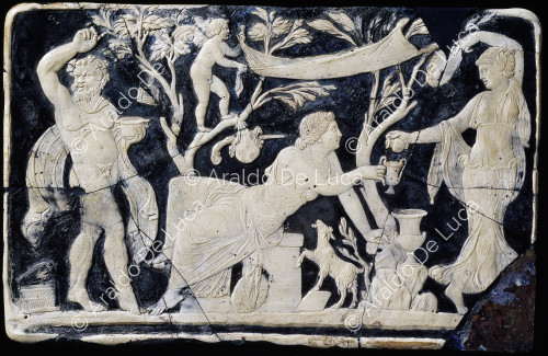 Decorative glass panel with Ariadne, Satyr and Maenad