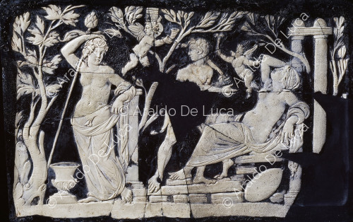 Panel de vidrio decorativo con Ariadna, Sátiro y Ménade