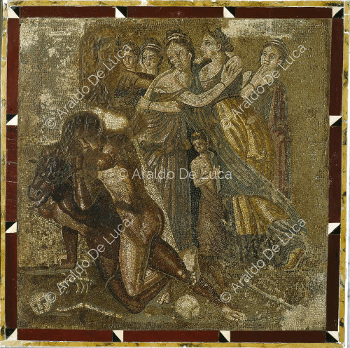 Mosaic of Theseus struggling with the Minotaur