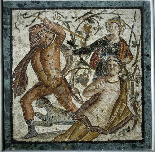 Mosaïque avec Lycurgue et Ambrosia en présence de Dionysos