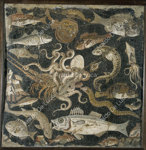 Mosaic with marine scene with fish and octopus