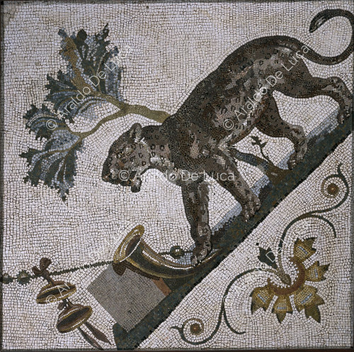 Mosaico con pantera y símbolos de Dioniso.