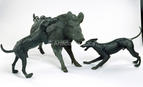 Bronze group with dogs and boar