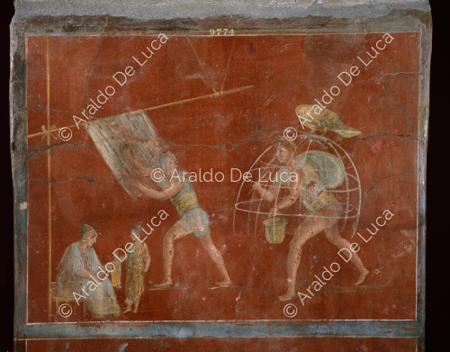 Fresco with fullons at work.Detail