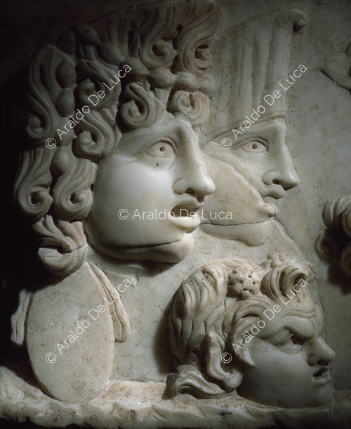 Marble relief with theatre masks. Detail