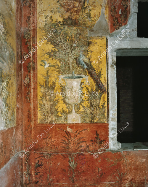 Villa d'Oplonti. Nymphée. Fresque. Détail avec fontaine et paon