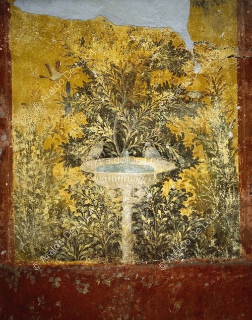 Villa von Oplonti. Nymphaeum. Fresko. Detail mit Springbrunnen und Pfau