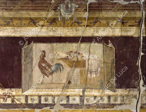 Fresco with rooster and fruit basket