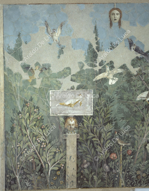 Fresco with paradeisos. Detail with birds
