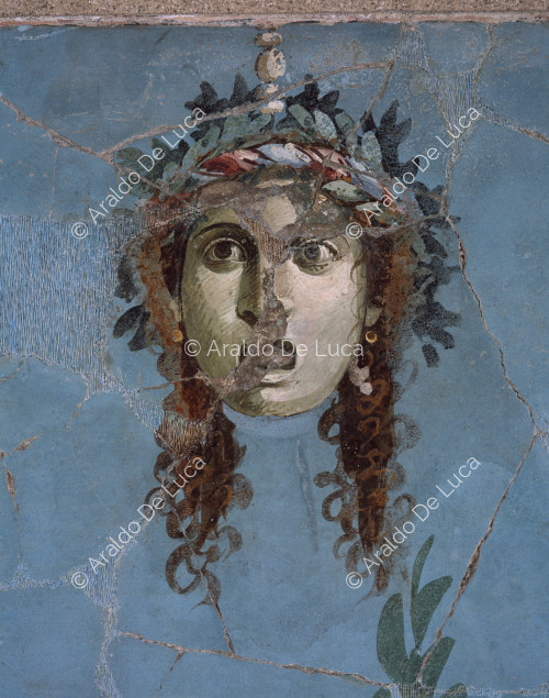 Fresco with paradeisos. Detail with tragic mask