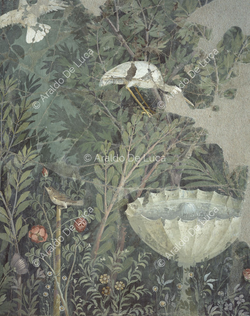 Fresko mit Paradeisos. Detail mit Vögeln und Blumen