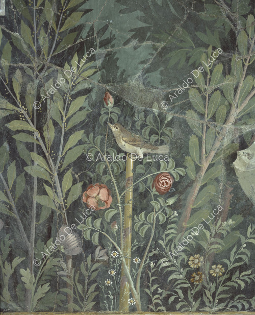 Fresko mit Paradeisos. Detail mit Vogel und Rose
