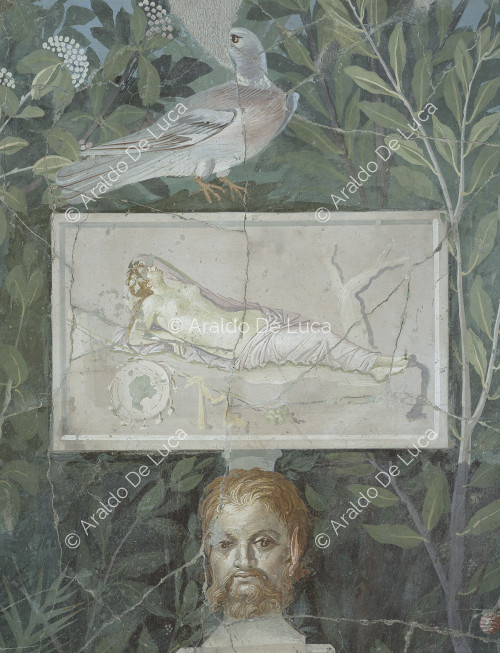 Fresko mit Paradeisos. Detail mit Herma-Relief und Taube