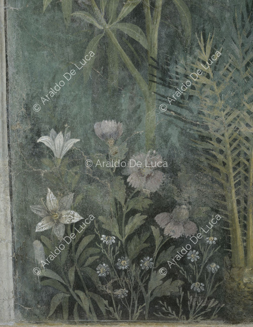 Fresko mit Paradeisos. Detail mit Blumen