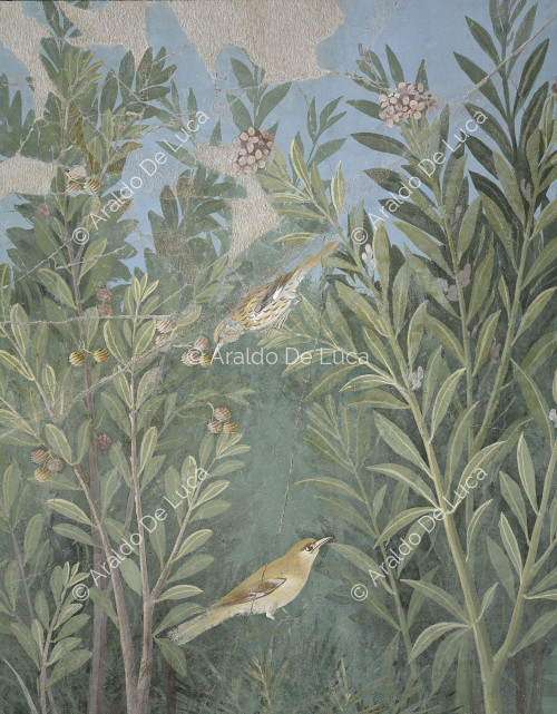 Fresko mit Paradeisos. Detail mit Blumen und Vögeln