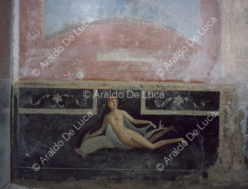 Haus der Meleager. Korinthischer Oecus. Fresko mit Maenad und Delphin