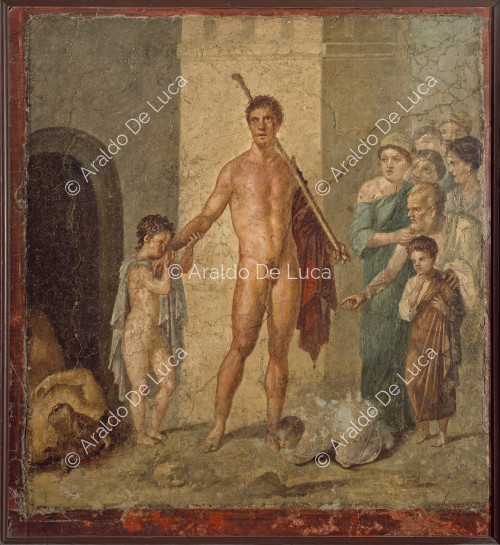 Fresko mit Theseus, der den Minotaurus tötet