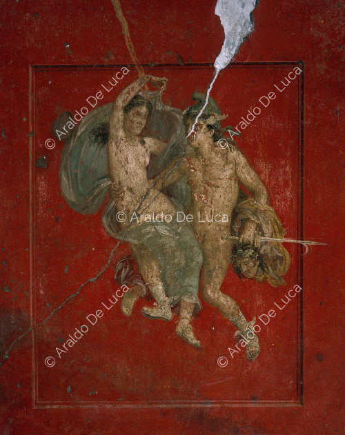 Haus der Vettii. Triclinium mit Fresken im Stil IV. Detail mit Perseus und Andromeda