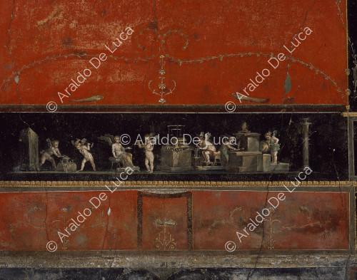 Maison des Vettii. Frise du Triclinium. Fresque avec des cupidons en orfèvrerie