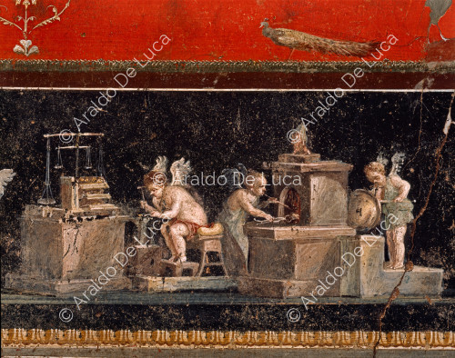House of the Vettii. Triclinium frieze. Fresco with goldsmith cupids. Detail