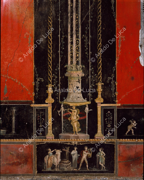 Triclinio decorato con affreschi in IV stile. Particolare con Apollo e Diana