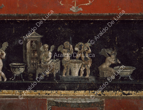 Maison des Vettii. Frise du Triclinium. Fresque avec des cupidons parfumeurs. Détail