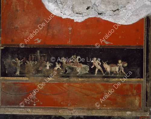 Maison des Vettii. Frise du Triclinium. Fresque avec des cupidons portant des pétales de fleurs