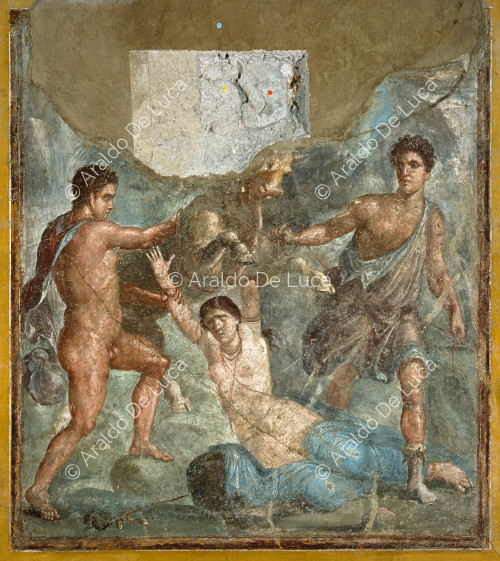 House of the Vettii. Oecus in the IV style. Fresco. Detail with the torture of Dirce