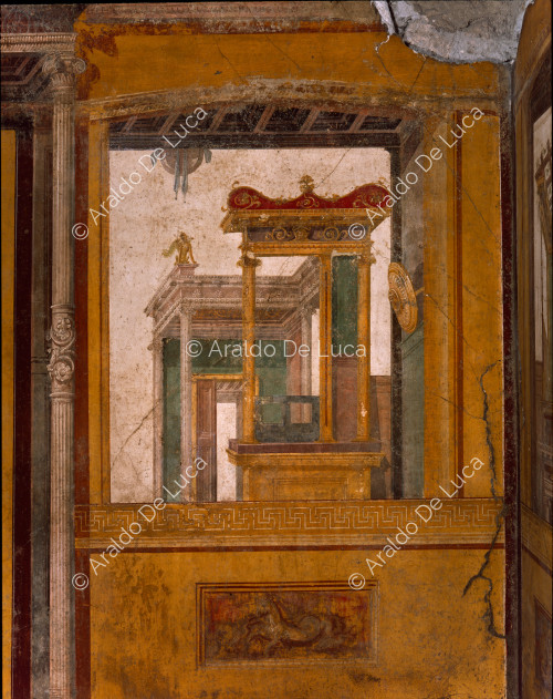House of the Vettii. Oecus in the IV style. Fresco. Detail with architectural element