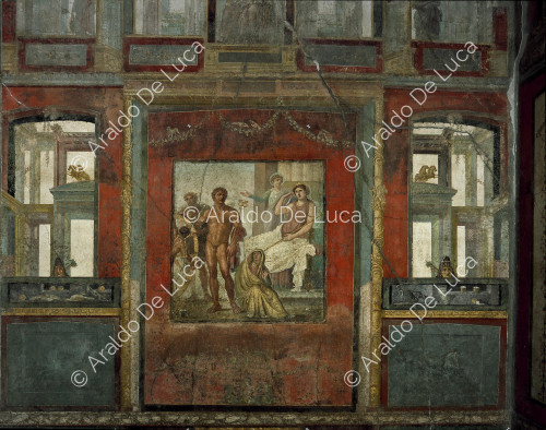 Haus der Vettii. Triclinium im Stil der IV. Fresko mit Ission und Nera
