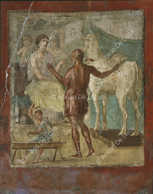 Haus der Vettii. Triclinium im Stil der IV. Fresko mit Daedalus und Pasiphae