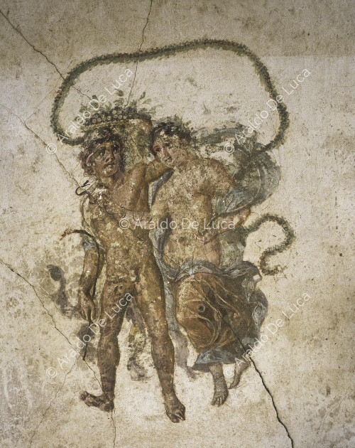 Haus der Vettii. Triclinium im Stil der IV. Fresko mit Satyr und Jahreszeit. Ausschnitt