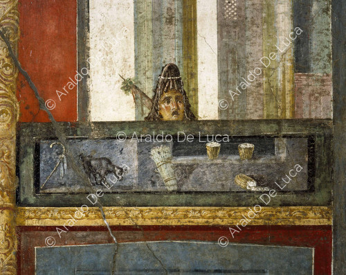 House of the Vettii. Triclinium in the IV style. Fresco with architectural motif. Detail