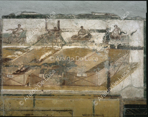 Vorstadtbäder. Apodithelium. Fresko mit erotischen Szenen. Ausschnitt